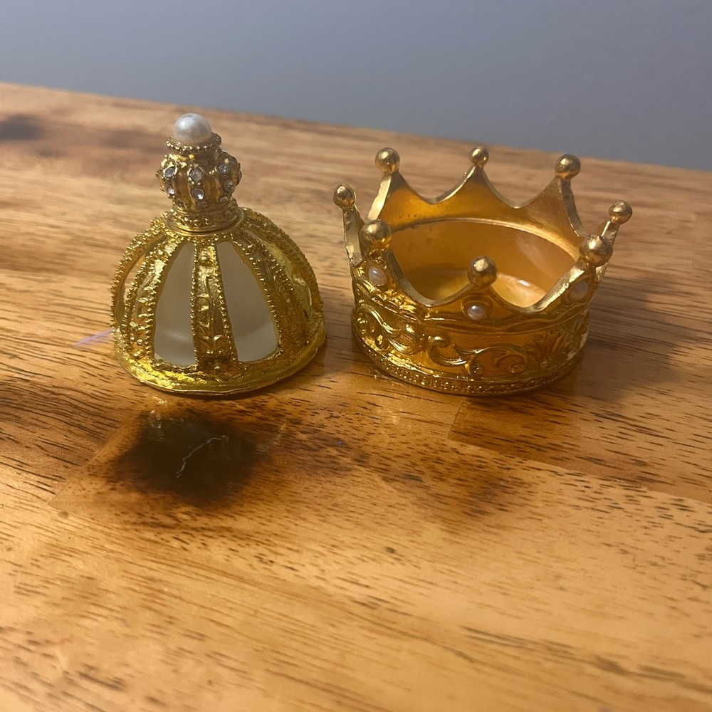 Gold Crown Perfume Bottle/Trinket Box w Jewels Pearls 3" X 2.5”. Empty. - Picture 4 of 11
